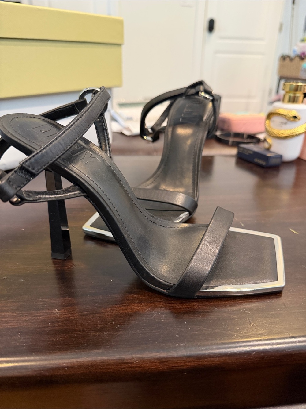 DKNY Black Strappy Square-Toe Stiletto Sandals